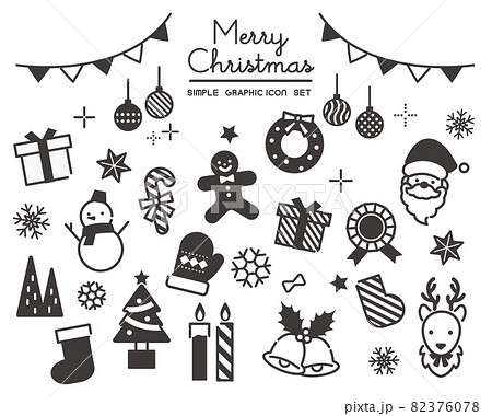 シンプルでかわいいクリスマスアイコンベクターイラスト素材 プレゼント サンタ 素材 モノクロのイラスト素材