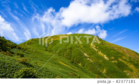 青空と紅葉シーズンの谷川岳天神尾根 天狗の留まり場より の写真素材