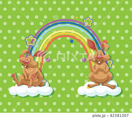 Two rabbits on the cloud with rainbow on green polka dot background 82381307
