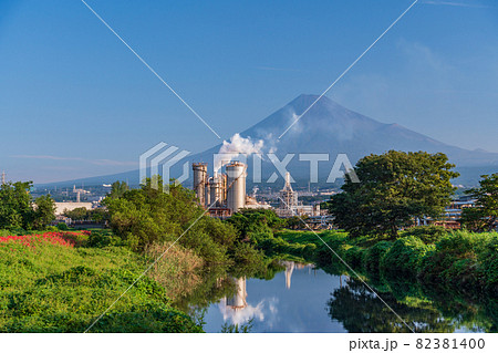 （静岡県）富士市の工場地帯に咲くヒガンバナと富士山 82381400