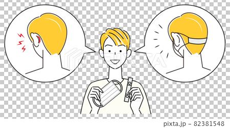 マスクストラップを紹介している男性 マスクのゴム紐で耳の後ろ側が痛い時の対策 イラスト ベクター マスクストラップを紹介している男性 マスクのゴム紐で耳の後ろ側が痛い時の対策 イラスト ベクター 82381548