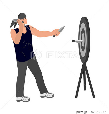 The man throws darts at the target. Darts. Vector illustration on a white isolated background 82382037