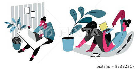 People Working On Laptop Or Computer From Homeのイラスト素材 3217