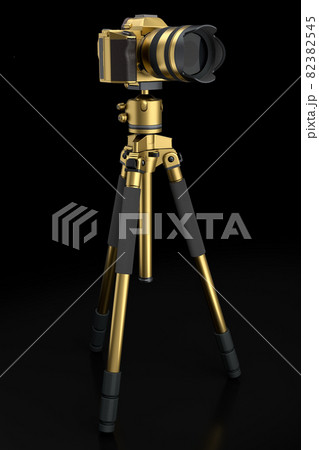 Photo and video gold tripod with nonexistent DSLR camera on isolated on black 82382545