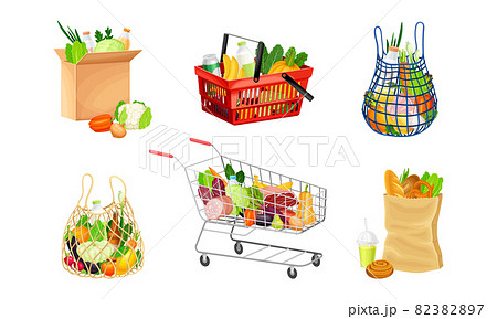 Shopping bags and baskets with grocery products set. Natural food, organic fruits and vegetable vector illustration 82382897