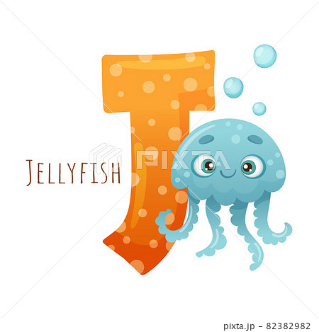 J letter and cute jellyfish sea creature. Zoo alphabet for children education, home or kindergarten decor cartoon vector illustratio 82382982
