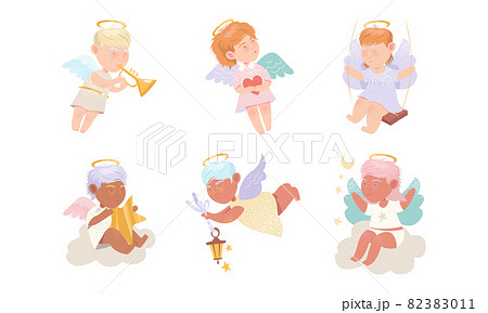 Baby angels cupidons set. Lovely kids cupids with wings cartoon vector illustration 82383011