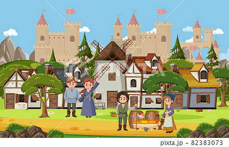 Medieval town scene with villagers 82383073