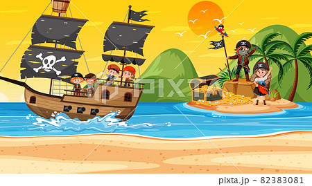 Treasure Island scene at sunset time with Pirate kids Treasure Island scene at sunset time with Pirate kids 82383081