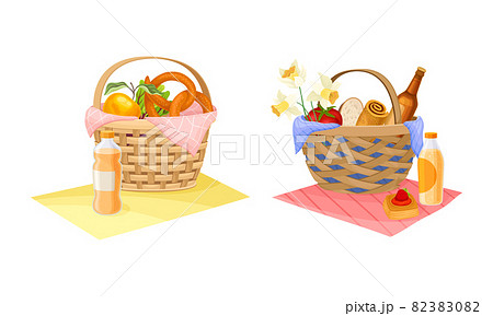 Picnic baskets full of food and drinks set. Wicker hampers with vegetables, fruit and drinks cartoon vector illustration Picnic baskets full of food and drinks set. Wicker hampers with vegetables, fruit and drinks cartoon vector illustration 82383082