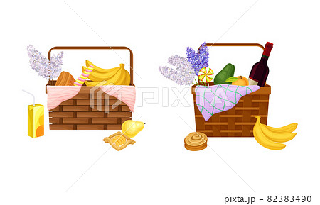 Picnic baskets full of food and drinks set. Wicker hampers with fruit, bottle of wine and bouquet of flowers cartoon vector illustration Picnic baskets full of food and drinks set. Wicker hampers with fruit, bottle of wine and bouquet of flowers cartoon vector illustration 82383490