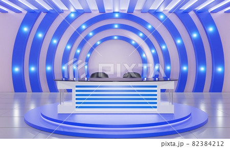 white table on stand with blue light background in a news studio room.3d rendering. 82384212