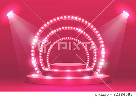 Pink podium stage with ramp lights, vector ceremony award and show scene. Empty podium stage with spotlight, concert red pedestal or fashion round platform in 3D, illuminated with spot lamps 82384695