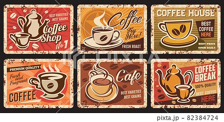 Steaming coffee cups rusty plates. Coffee house, cafe or restaurant hot drinks grungy vector tin sings, vintage metal plates. Porcelain cup on saucer with steaming coffee, kettle and arabica beans 82384724