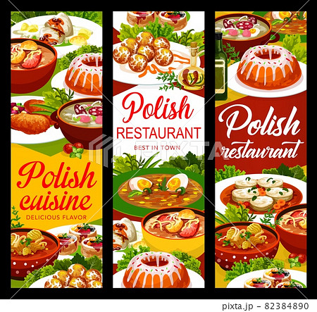 Polish cuisine food banners or menu dishes and meals, vector lunch and dinner. Polish cuisine white borscht and pork schnitzel, Warsaw donuts and pike perch with Christmas carp and zurek soup Polish cuisine food banners or menu dishes and meals, vector lunch and dinner. Polish cuisine white borscht and pork schnitzel, Warsaw donuts and pike perch with Christmas carp and zurek soup 82384890