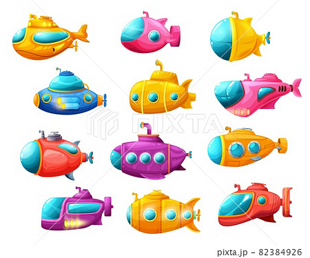 Cartoon isolated underwater sea submarines with periscope. Vector deep-sea subs for water transportation. Game elements for kids, marine vehicles isolated on white background 82384926