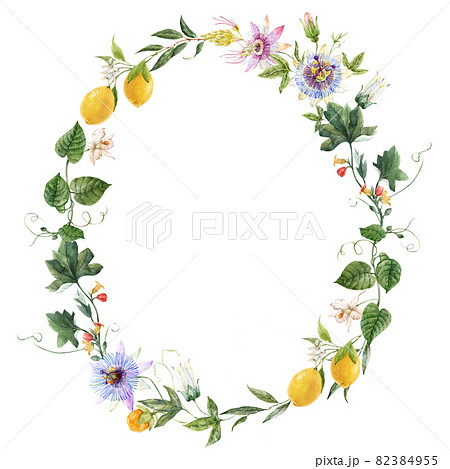 Beautiful tropical floral wreath with hand drawn watercolor exotic jungle flowers. Stock illustration. Frame clip art. 82384955
