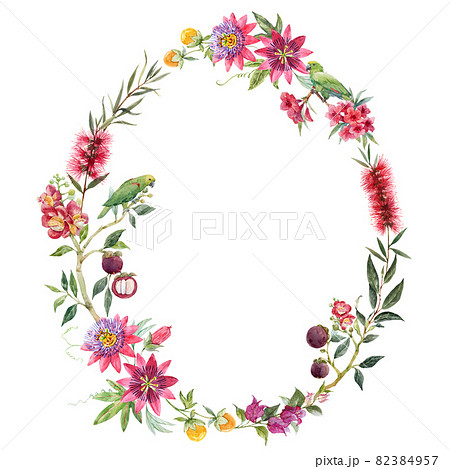 Beautiful tropical floral wreath with hand drawn watercolor exotic jungle flowers. Stock illustration. Frame clip art. 82384957