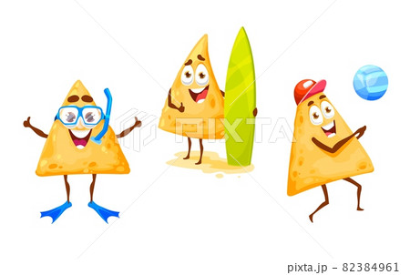 Mexican nachos chips diving, playing volleyball and surfing summer beach leisure. Happy vector tex mex cartoon characters nacho diver and surfer on vacation. Holidays fun, relax and outdoor recreation 82384961
