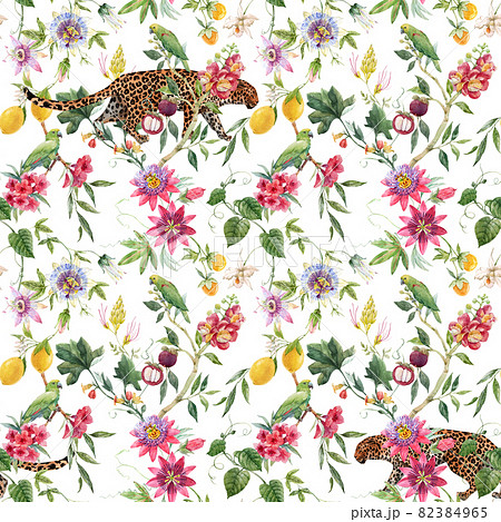 Beautiful seamless tropical floral pattern with hand drawn watercolor exotic jungle flowers. Stock illustration. 82384965