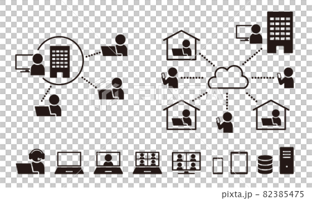 簡單的遠程辦公圖標和網絡圖/白色背景 82385475
