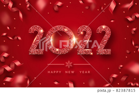 Happy New Year 2022. Background with shining numerals and ribbons. New year and Christmas card illustration on red background. Holiday illustration of red textured numbers 2022 82387815