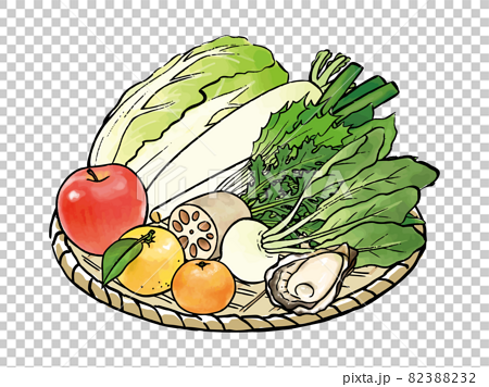 手描きの冬の野菜と果物の盛り合わせ のイラスト素材 32