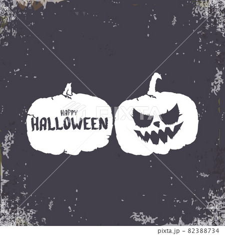 Happy Halloween Banner, greeting card or background with Vector white Halloween label with scary pumpkin isolated on grunge grey background. 82388734