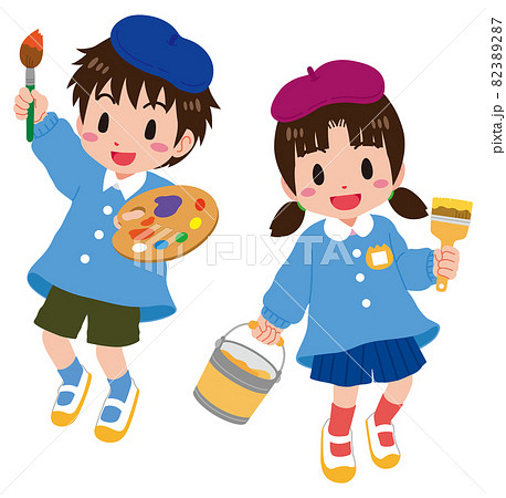 ベレー帽で本格お絵かきスタイルの男の子と女の子のイラスト素材 3287