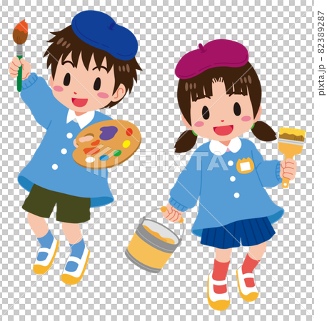 ベレー帽で本格お絵かきスタイルの男の子と女の子のイラスト素材 3287