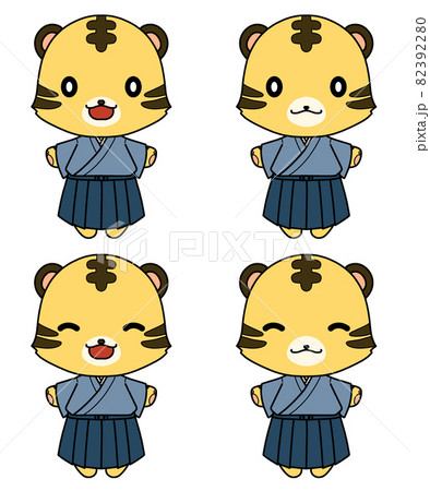 着物を着た笑顔のトラのキャラクターのセット 82392280