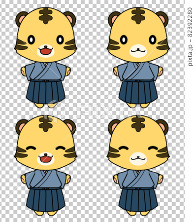 着物を着た笑顔のトラのキャラクターのセット 82392280