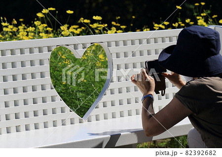 ハートマークから花を撮影する女性　スマートフォンで撮影する女性 82392682