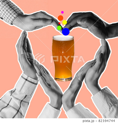 Contemporary art collage of huiman hands making heart shape around of lager beer glass isolated over peach backgrround 82394744