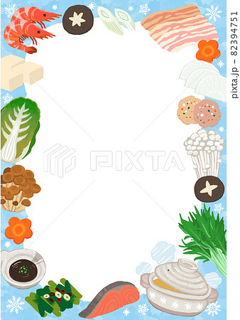 かわいい絵本タッチの美味しいお鍋とたくさんの具　縦型　雪ver 82394751