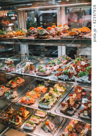 Copenhagen food market restaurant display of open faced sandwiches, local delicacy. Danish food in Denmark travel 82397616