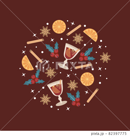 Hot mulled wine in a glass and elements and spices for a drink on a burgundy 82397775