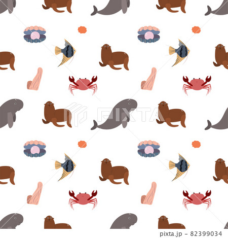 Sea animal seamless pattern with manatees, crad and seashell, pearl and fur seal. Undersea world habitants print. Hand drawn underwater life vector illustration. Funny cartoon marine animals character Sea animal seamless pattern with manatees, crad and seashell, pearl and fur seal. Undersea world habitants print. Hand drawn underwater life vector illustration. Funny cartoon marine animals character 82399034