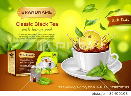 Realistic Detailed 3d Classic Black Tea with Lemon Peel Ads Banner Concept Poster Card. Vector illustration Realistic Detailed 3d Classic Black Tea with Lemon Peel Ads Banner Concept Poster Card. Vector illustration 82400108