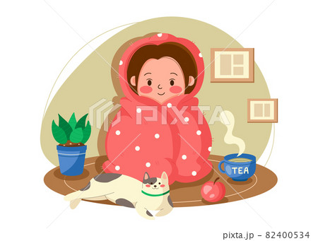 Girl wrapped in blanket. Spending time at home. Cozy evening - best time for love yourself. Cute vector illustration in cartoon style. Female character trying to keep warm in a blanket on a cold day. 82400534