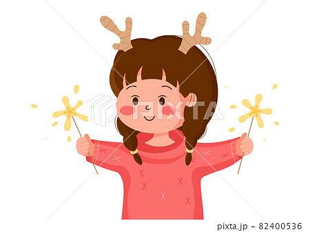 Cute girl with deer horns and sparklers. Vector isolated illustration on white background. Cute girl with pigtails and firework celebrate new year and Christmas. 82400536