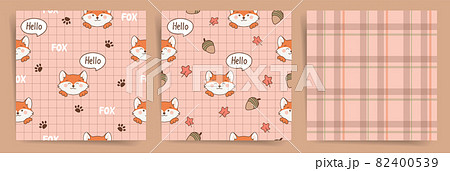 Seamless tartan kid pattern with fox face. Vector set of patterns for children with cute wild fox and classic retro check pattern. Fox face, text "hello", acorns, maple leaf, paws and footprints. 82400539