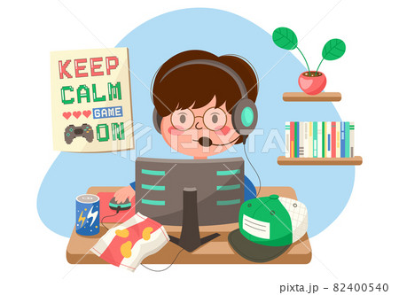 Cute boy playing video games illustration. Gamer cute isolated image. Boy plays games on PC while sitting at home with headphones at the table. Cute boy kid home interior. Cap, chips, drinks. Vector. Cute boy playing video games illustration. Gamer cute isolated image. Boy plays games on PC while sitting at home with headphones at the table. Cute boy kid home interior. Cap, chips, drinks. Vector. 82400540