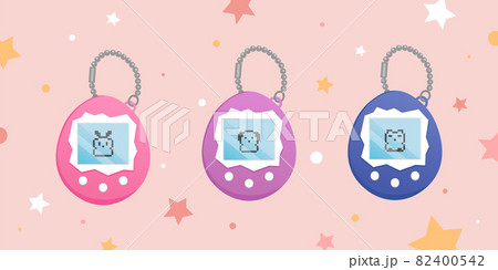 Tamagotchi toy illustration set. Vintage digital pocket pet game icon. Japanese classic Tamagotchi with screen display, chain and buttons. Nostalgia stuff - Tamagotchi Rabbit cat and dog. Vector. Tamagotchi toy illustration set. Vintage digital pocket pet game icon. Japanese classic Tamagotchi with screen display, chain and buttons. Nostalgia stuff - Tamagotchi Rabbit cat and dog. Vector. 82400542