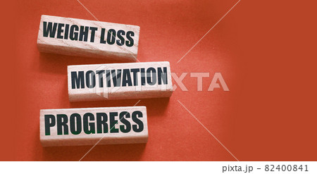 Weight loss motivation progress words on wooden blocks with copyspace. Successful diet healthy food weightloss concept 82400841