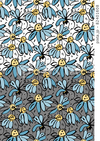 Chamomile floral vector seamless pattern. Hand drawn black ink brush stroke contour, daisy meadow flowers in blue yellow colors 82401608