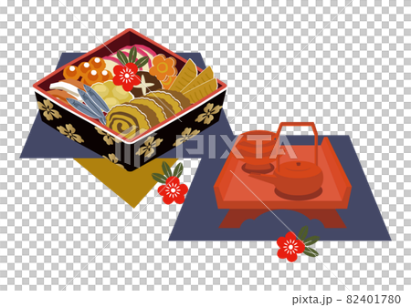正月素材。お節料理のイラスト。正月料理。日本のお正月。 82401780