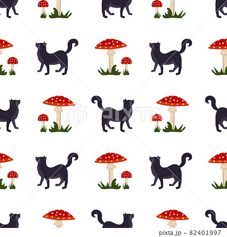 Seamless pattern with amanita mushroom with red hat and white dots, grass and black cat. Bright fly agaric and animal print Seamless pattern with amanita mushroom with red hat and white dots, grass and black cat. Bright fly agaric and animal print 82401997
