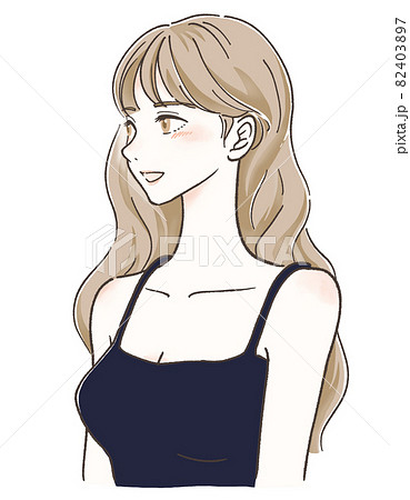 大人の綺麗な女性斜め横顔 笑顔 ブラトップ ロングヘアのイラスト素材 4037
