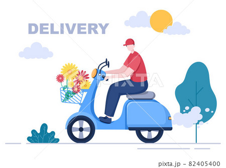 Flower Delivery Service Online Business with Courier Holding a Flowers Order Bouquet Using Trucks, Cars or Motorbikes. Background Vector Illustration Flower Delivery Service Online Business with Courier Holding a Flowers Order Bouquet Using Trucks, Cars or Motorbikes. Background Vector Illustration 82405400